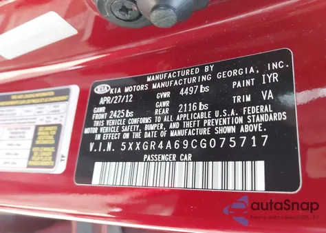 2012 Kia Optima Sx z USA, uszkodzony, nr VIN 5XXGR4A69CG075717